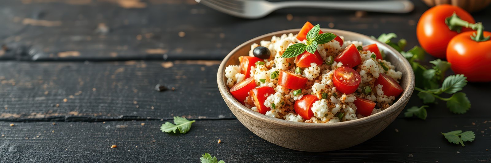 Fresh vegetable salad with tomatoes, herbs, and grains served in a bowl on a rustic wooden table